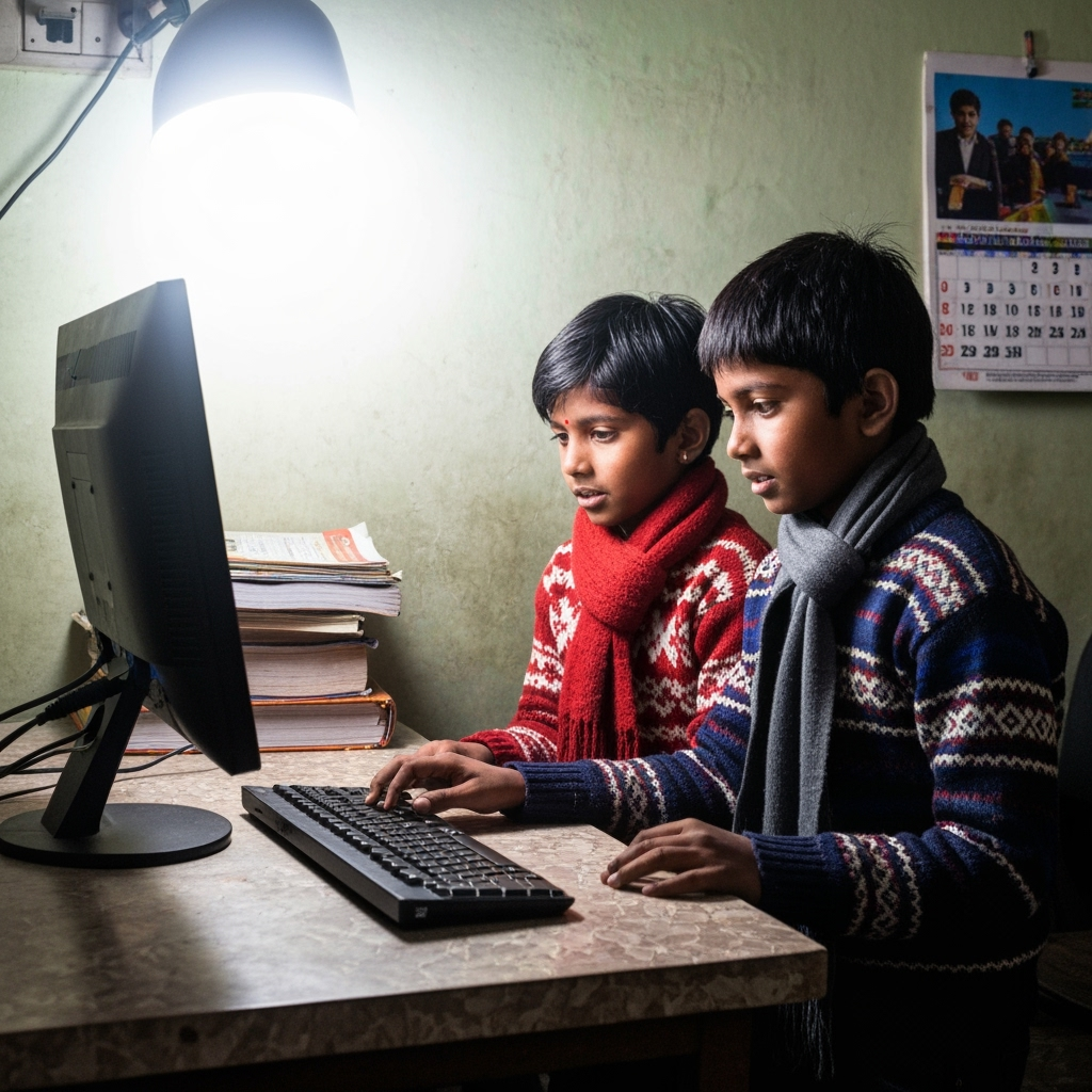 Two young children sitting together and studying online on a computer, focused on their lesson and learning in a digital classroom environment.