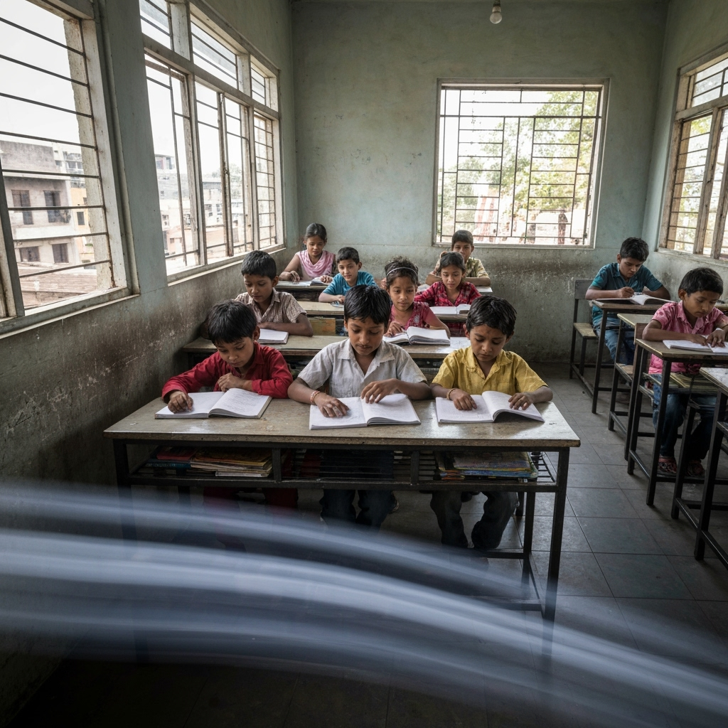 A bright classroom filled with children sitting at their desks, engaging in learning activities,and sunlight streaming through the windows.