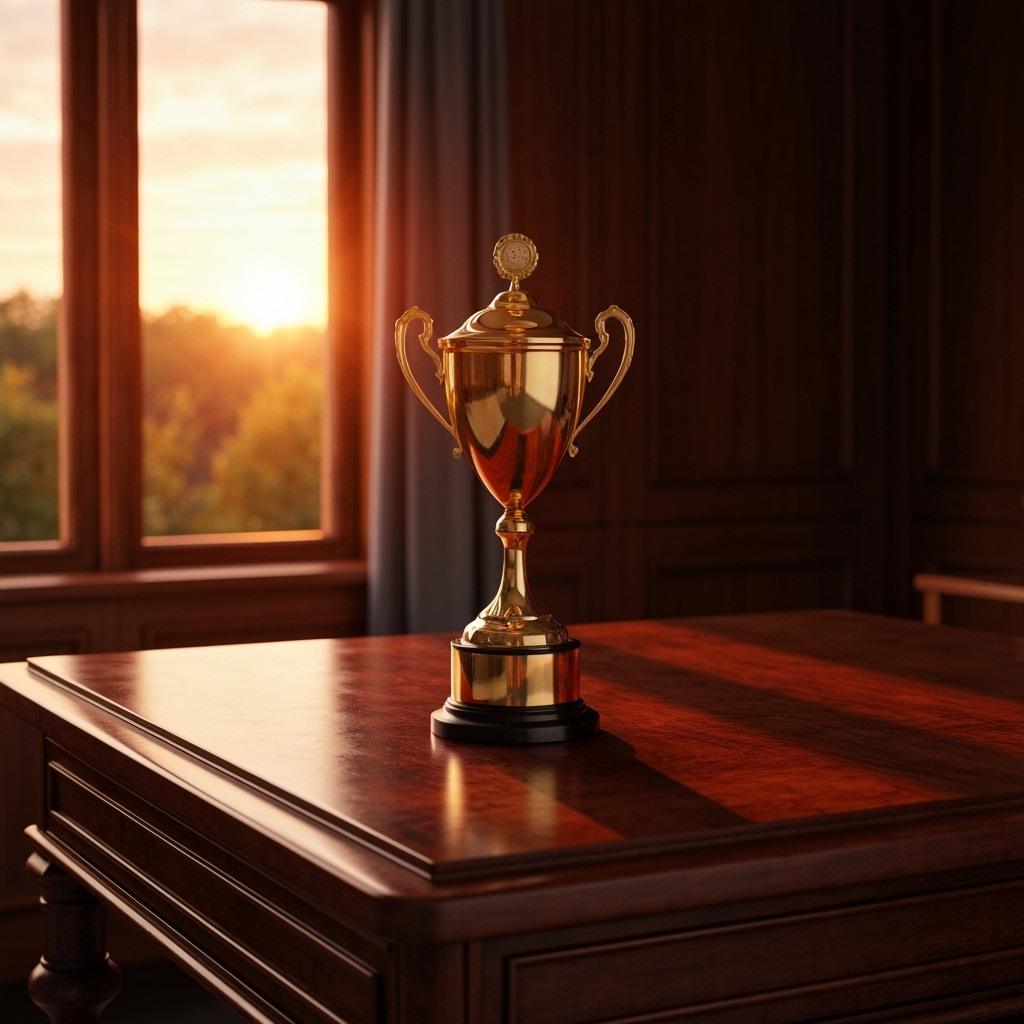 A shiny trophy placed on a surface, symbolizing achievement and success.