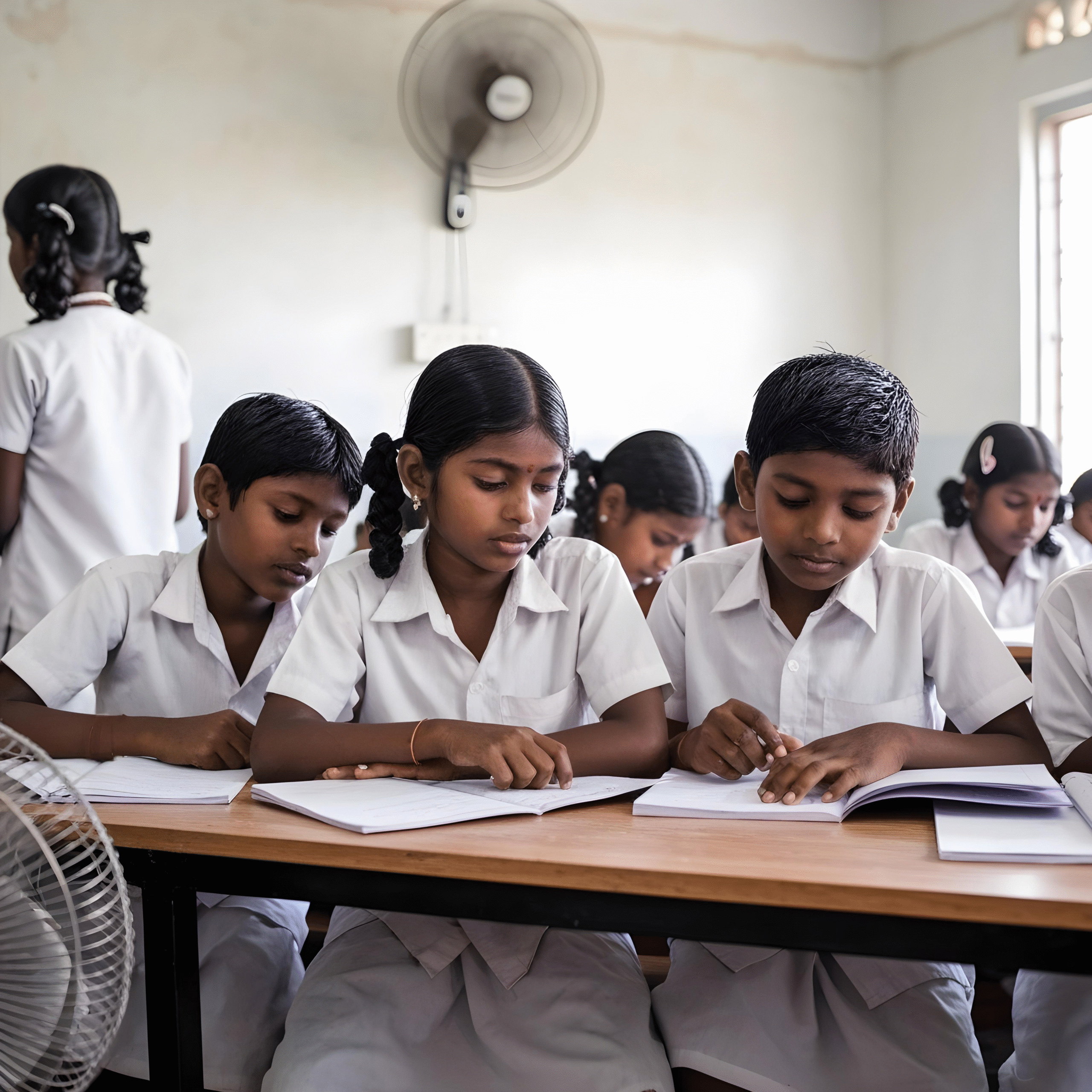 Children in white uniforms sitting attentively in a classroom, with desks arranged in rows and a bright, organized learning environment.