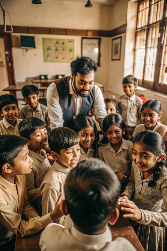A group of children in a classroom, gathered around a teacher standing in the middle, all smiling and full of joy.